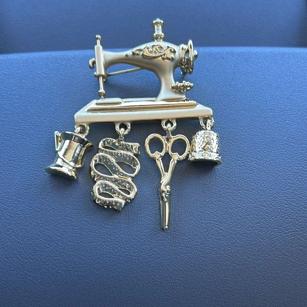 Danecraft Goldtone Metal Sewing Machine, Thread, Tape Measure, Scissors,  Brooch